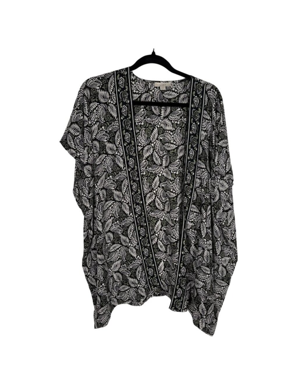 Loft Women XS/S Black White Green Botanical Print Open Front Sheer Kimono NWOT